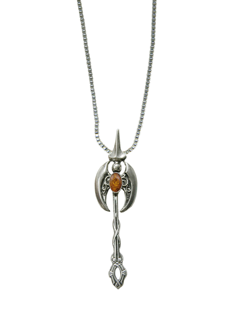 Sterling Silver Detailed Warriors Battle Axe Labrys Pendant With Amber